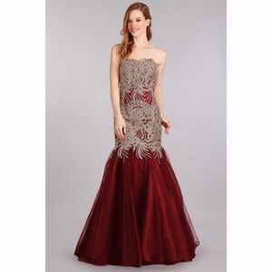 STRAPLESS Burgundy Gold Lace Mermaid Dress 1697
